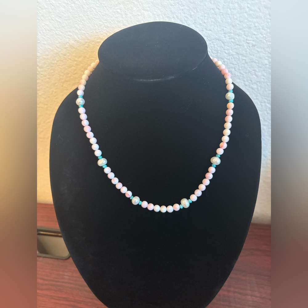Natural Pink Conch, Sea Water Pearl, and Mini Turquoise Necklace